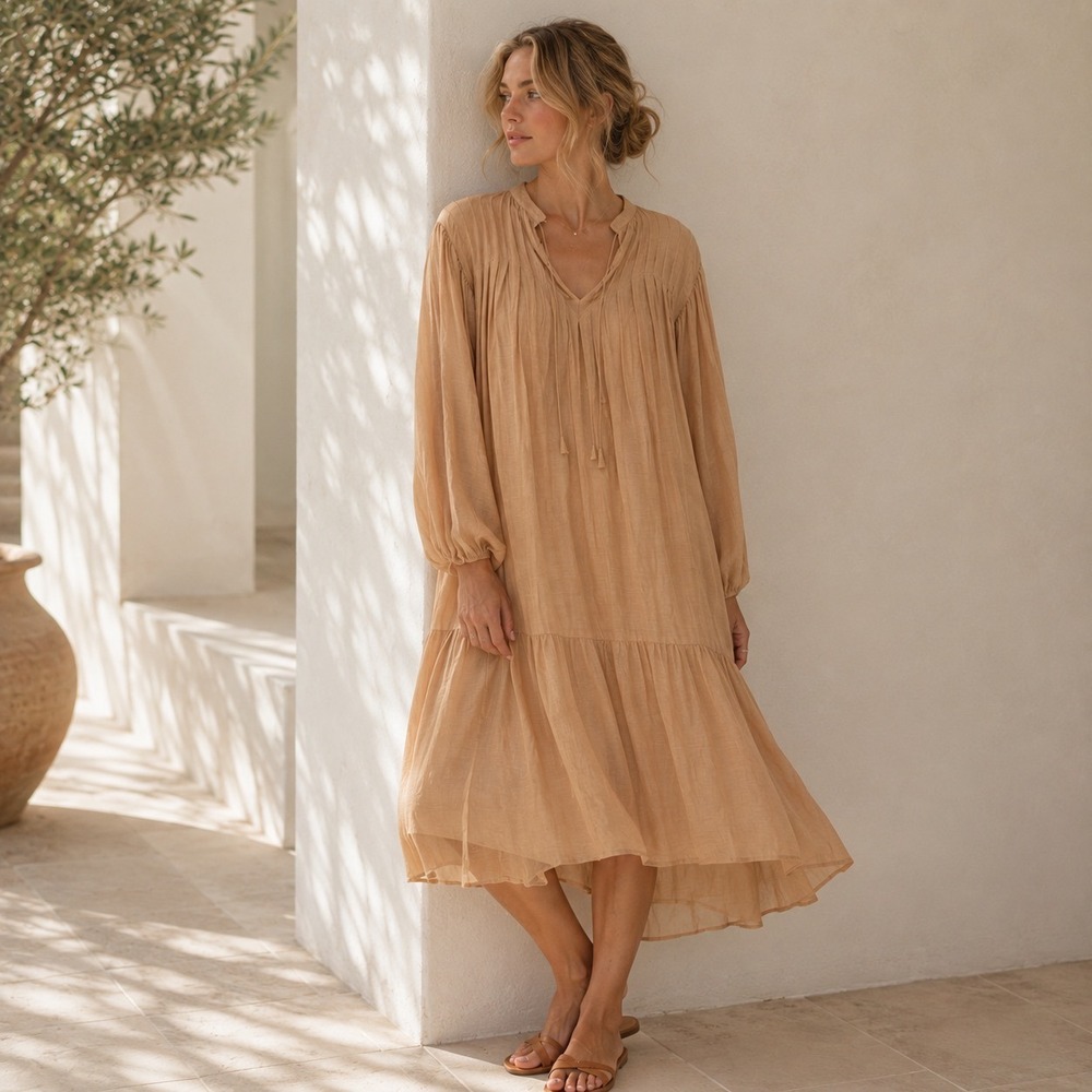Matta Tiered Maxi Dress Womens M Tan Lyocell Pintuck Boho Split Neck Long Sleeve